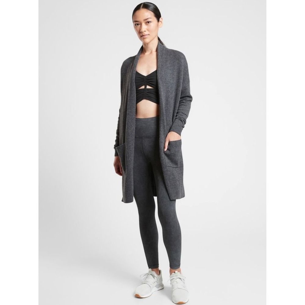 ATHLETA Spirit Wool Cashmere Wrap Cardigan Gray Longline Duster Pockets Small